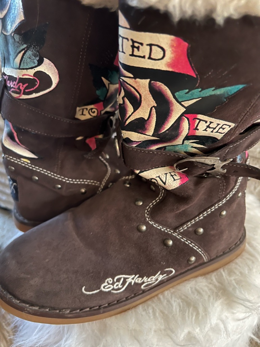 Ed Hardy Dedicated to the One I Love Brown Suede Tattoo Print Winter Boots